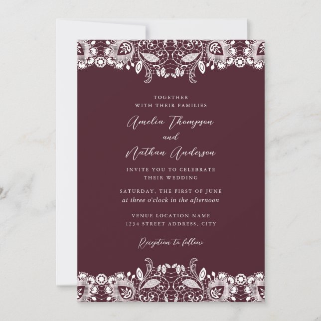 Convites Casamento de Renda Branca Vintage Borgonha (Frente)