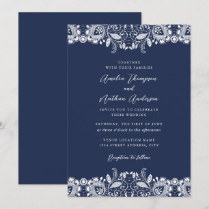 Convites Casamento de Renda Branco Marinho Vintage