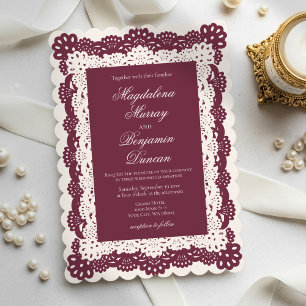 Convites Casamento de Renda Burgundy Ivory Elegante Vintage