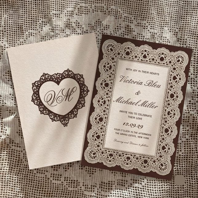 Convites Casamento de Renda Creme Marrom Escuro Vitoriano A (Criador carregado)
