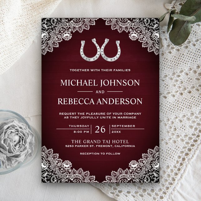 Convites Casamento de Renda de Ferradura de Madeira de Cele (Criador carregado)