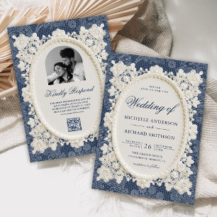 Convites Casamento de Renda de Renda Naval Azul Antigo