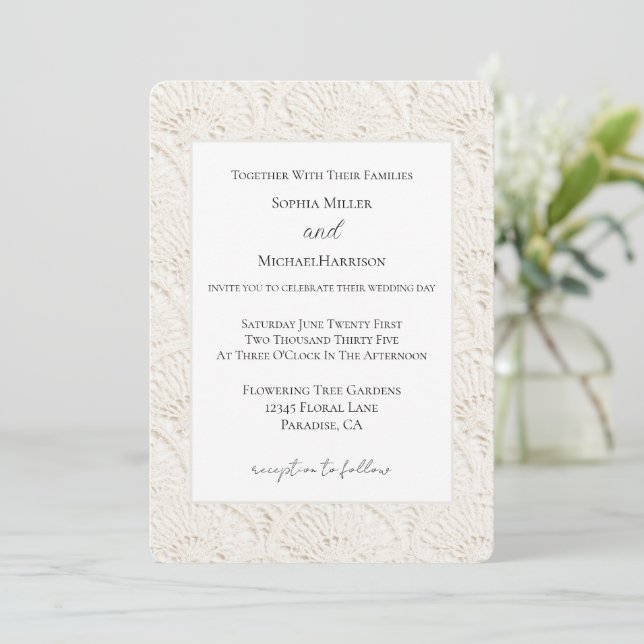 Convites Casamento de Renda Falsa Creme Branco (Em pé/Frente)
