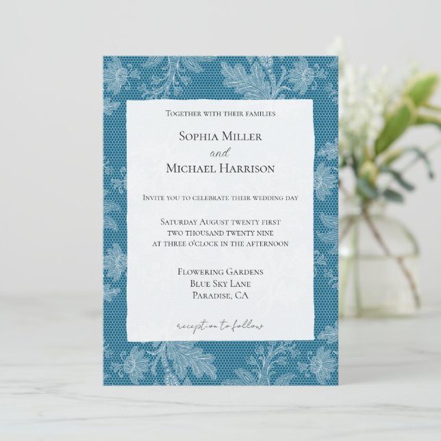 Convites Casamento de Renda Falsa Floral Branco Azul Bonito (Em pé/Frente)