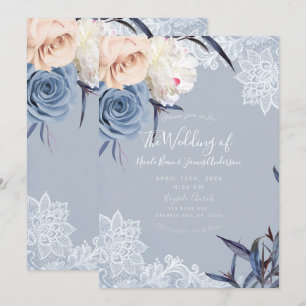Convites Casamento de Renda Floral Azul Cinza e Pêssego Emp