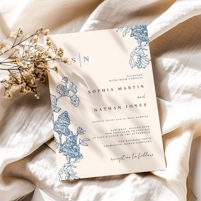 Convites Casamento de renda floral azul elegante marfim (Criador carregado)