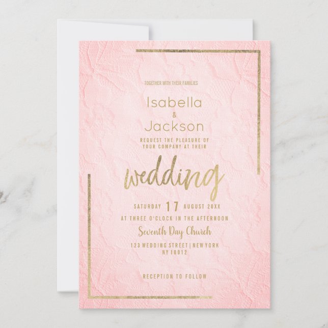Convites Casamento de renda floral francês em ouro rosa ele (Frente)