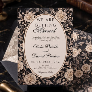 Convites Casamento de renda floral preta e creme elegante c