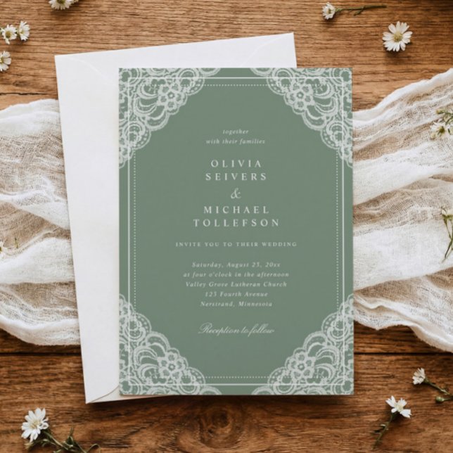 Convites Casamento de Renda Francesa em Sage Clássico e Ele (Vintage lace wedding invitation in sage green with white lace corners and classic typography)