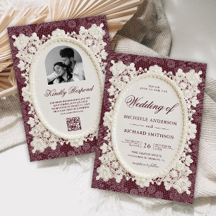 Convites Casamento de Renda Marfim Borgonha Old Money