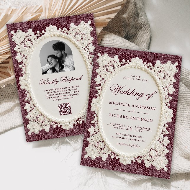 Convites Casamento de Renda Marfim Borgonha Old Money (Criador carregado)