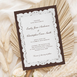 Convites Casamento de Renda Marrom Escuro Clássico Elegante