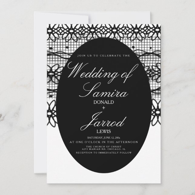 Convites Casamento de Renda Preta + Branca Desenhada à Mão  (Frente)
