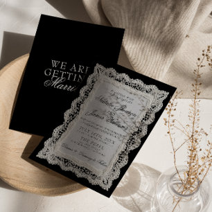 Convites Casamento de renda preta e branca com estilo cláss
