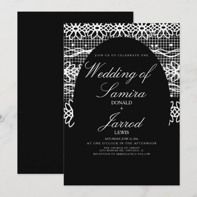 Convites Casamento de renda preta e branca desenhada à mão  (Frente/Verso)