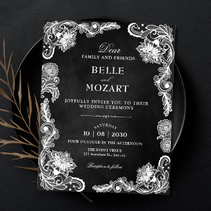 Convites Casamento de renda preta e branca vintage
