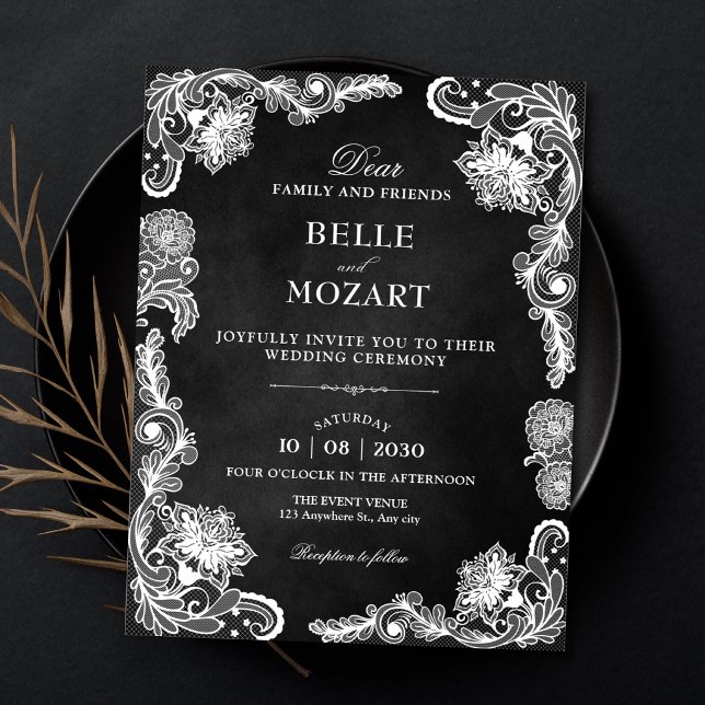 Convites Casamento de renda preta e branca vintage (Criador carregado)