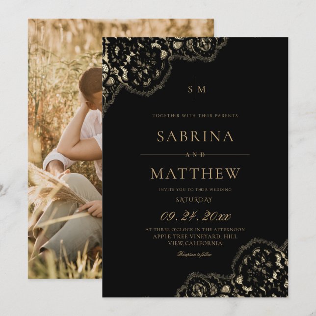 Convites Casamento de renda preta moderno e elegante  (Frente/Verso)