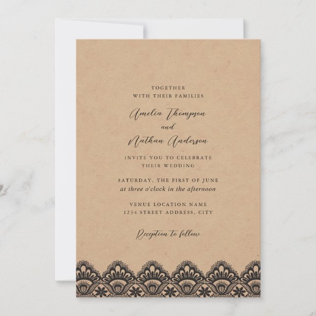 Convites Casamento de Renda Vintage Kraft Rústico (Frente)