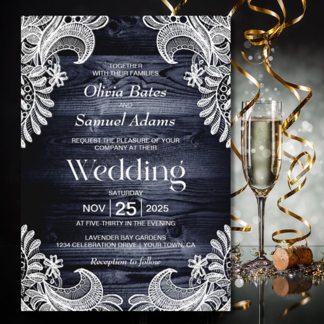 Convites Casamento de rendas brancas da madeira azul rustic (Criador carregado)