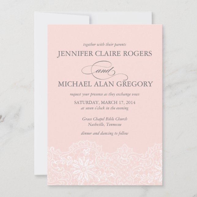 Convites Casamento de rendas da vindima rosa-pincel elegant (Frente)