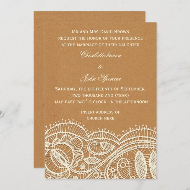 Convites Casamento de rendas e papel Kraft (Frente/Verso)