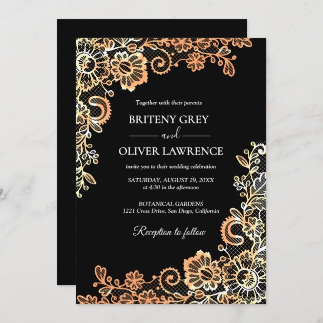 Convites Casamento de rendas lacrimogêneas negro e Rosa Dou (Frente/Verso)