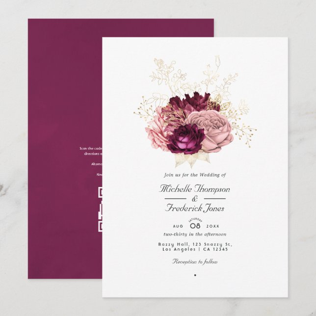 Convites Casamento de Resposta de Código QR Rosa e Dourado  (Frente/Verso)