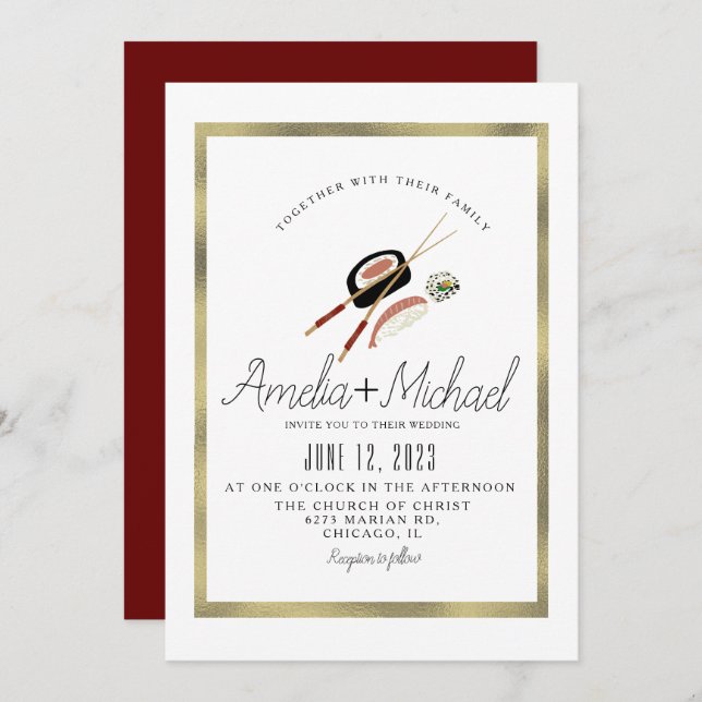 Convites Casamento de Restaurantes do Japão Asiático Sushi  (Frente/Verso)