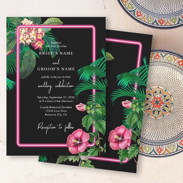Convites Casamento de Retros Tropicais Neon Pink (Neon Pink Tropical Retro Botanicals Wedding Invitation)