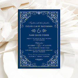 Convites Casamento de Rolo Ornate Azul Marinho e Branco
