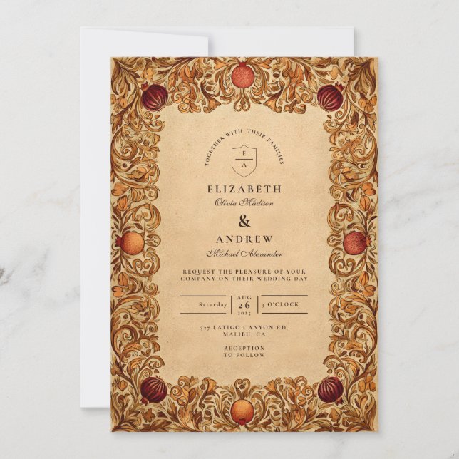 Convites Casamento de Romã com Folhagem de Outono (Frente)