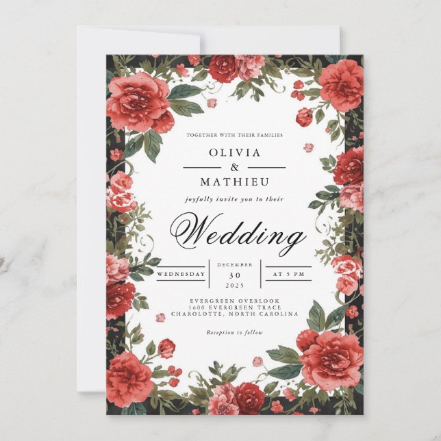 Convites Casamento de Romance com Arca Floral Vermelha Vibr (Frente)