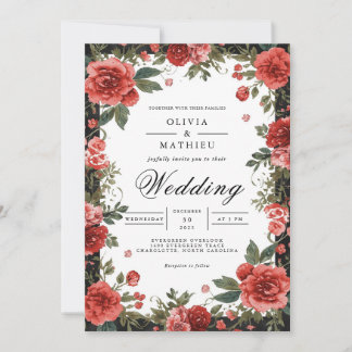 Convites Casamento de Romance com Arca Floral Vermelha Vibr