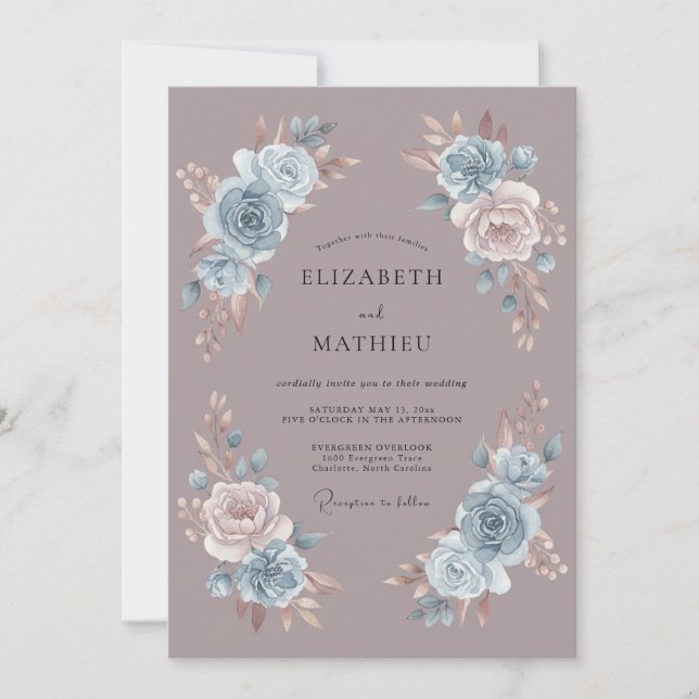 Convites Casamento de Romance Etéreo Azul Desbotado (Frente)