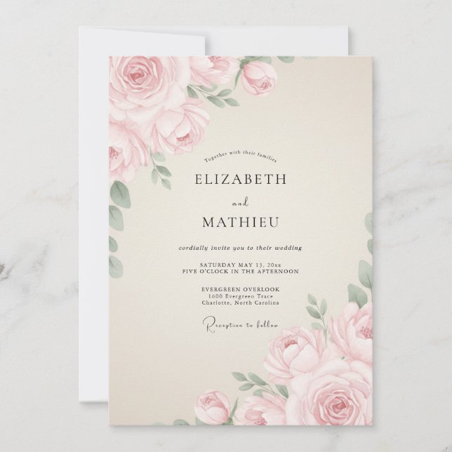 Convites Casamento de Romance Etéreo Rosa Desbotado (Frente)