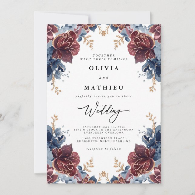 Convites Casamento de Romance Floral Azul Crimson (Frente)