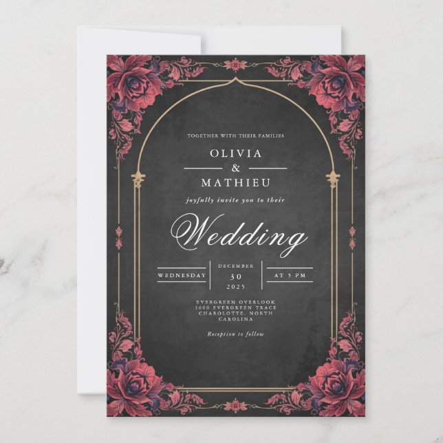 Convites Casamento de Romance Floral com Arch Crimson (Frente)
