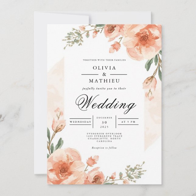 Convites Casamento de Romance Floral de Pêssego Suave (Frente)