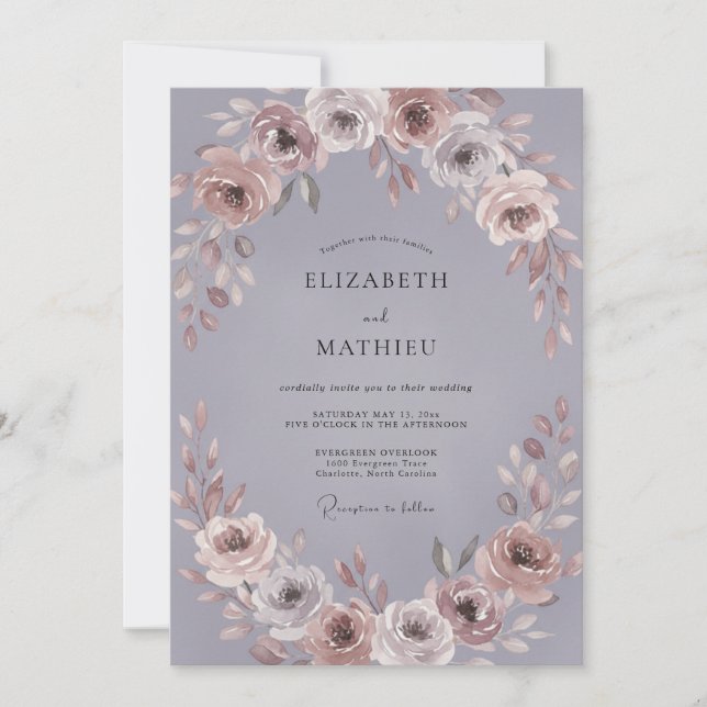 Convites Casamento de Romance Floral em Flor Mauve (Frente)