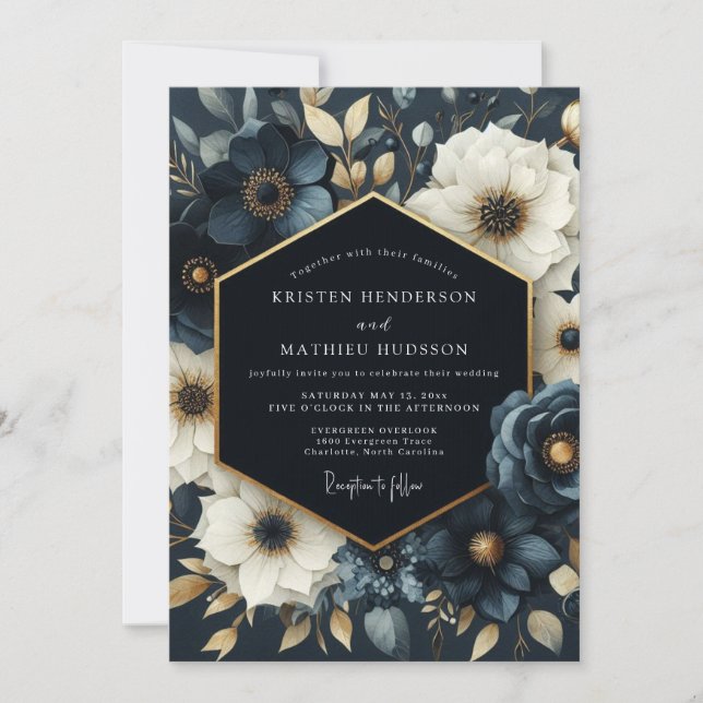 Convites Casamento de Romance Floral Marinho (Frente)