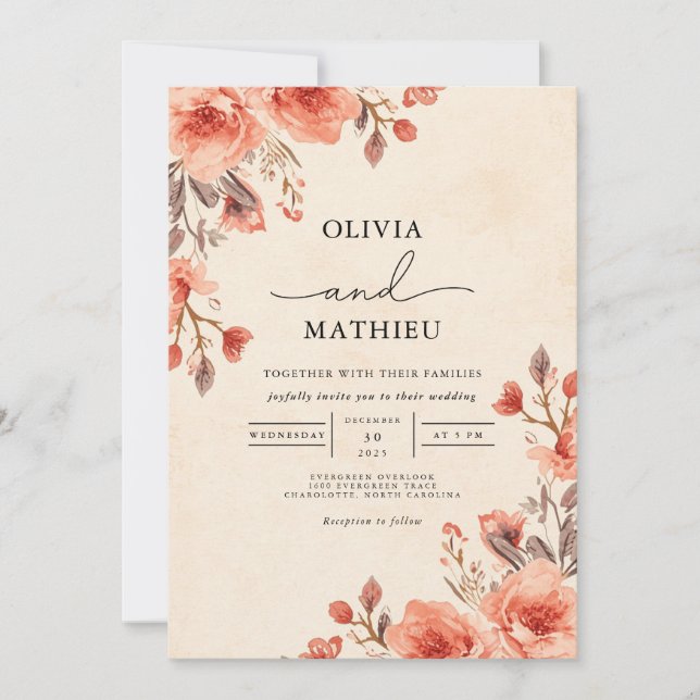 Convites Casamento de Romance Floral Suave Apricot (Frente)