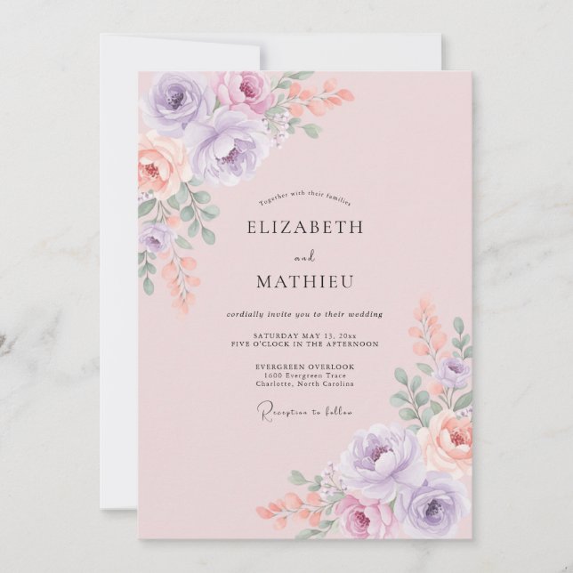 Convites Casamento de Romance Floral Suave Lilás (Frente)