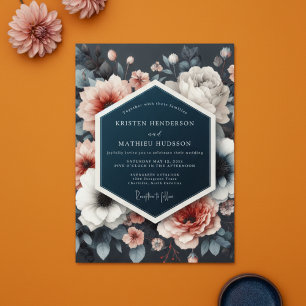 Convites Casamento de Romance Opulento com Floral Navy