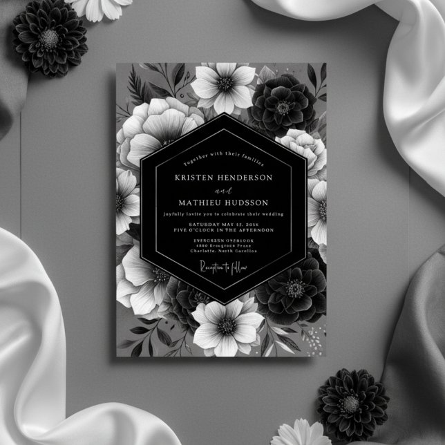 Convites Casamento de Romance Opulento com Floral Preto (Criador carregado)