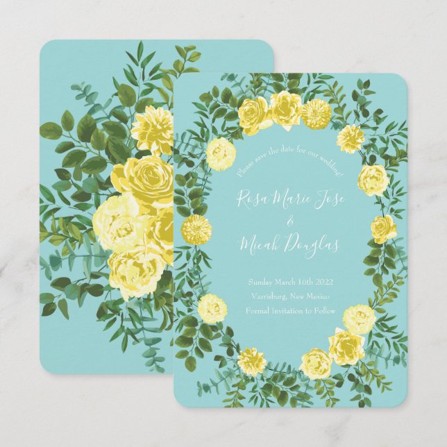 Convites Casamento de Rosa Aquática Verde-azulado e Amarelo (Frente/Verso)
