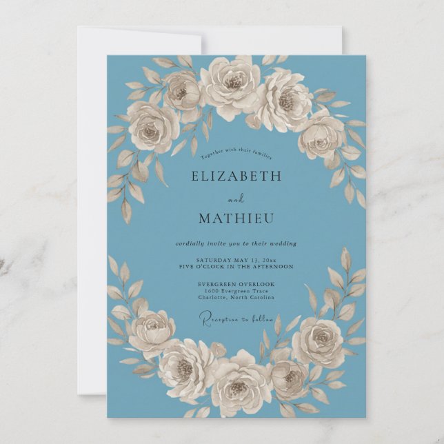 Convites Casamento de Rosa Atemporal Azul Empoeirado (Frente)