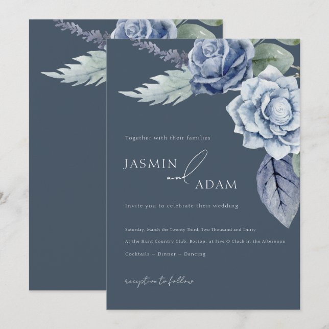 Convites Casamento de Rosa Azul Ardesia Elegante (Frente/Verso)