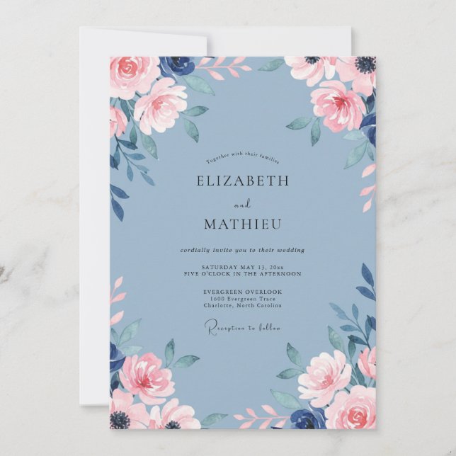 Convites Casamento de Rosa Azul Elegante e Empolvilhada (Frente)