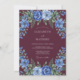 Convites Casamento de Rosa Azul Luxuriante Borgonha